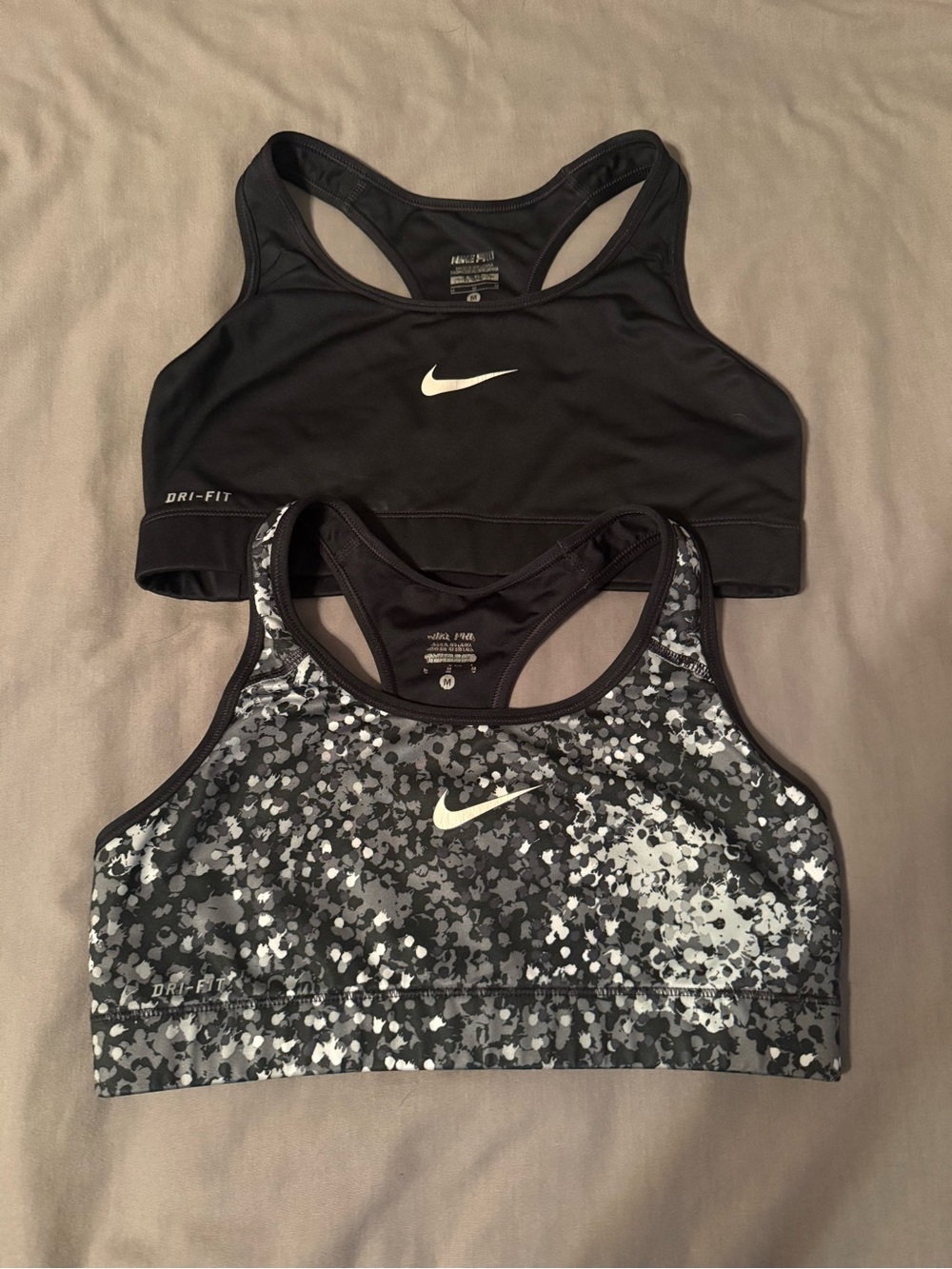 Nike Black Dri-FIT Racerback Sports Bras with Black/White Speckle